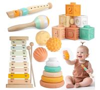 Meytccve Giocattoli per Neonati - Montessori per Bambini Blocchi Impilabili in Legno, Giocattoli da Dentizione, Palline Sensoriali, Xilofono Musicale Regalo di Compleanno per Bambini