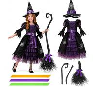 MeYuxg Costume da strega per bambini, 3 pezzi, viola, Halloween | Costume da strega per bambini composto da un vestito, cappello da strega e scopa, costume da strega per feste di Halloween