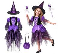 MeYuxg Costume da strega per bambini, costume da strega con cappello, bacchetta magica, abito da strega viola, gonna da strega, per Halloween, carnevale, feste