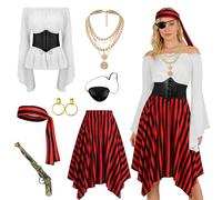 MeYuxg Costume Pirata Donna, Medievale Vestito Pirata Donna con Camicetta Bianca, Gonna Rossa, Corsetto, Bandana da Pirata, Collana, Pirata Costume Donna adatto per Carnevali, Feste, Cosplay (M)