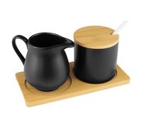 MeYuxg Set latte e zucchero, contiene zuccheriera con coperchio e cucchiaio, bricco per latte in porcellana con vassoio in legno, adatto al microonde e alla lavastoviglie (nero)