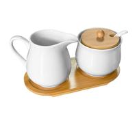 MeYuxg Set latte e zucchero, contiene zuccheriera con coperchio e cucchiaio, bricco per latte in porcellana con vassoio in legno, adatto al microonde e alla lavastoviglie (bianco)