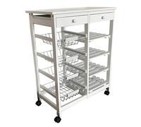 Meyvaser carrello da cucina con ruote salvaspazio in lengo, Carrello da cucina con ruote bianco con 2 cassetti, 4 ripiani e 4 vassoi in metallo 85x67x37 cm