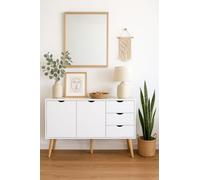 Meyvaser.com Ecommerce Company Credenza bianca con 3 cassetti e 2 ante - 120 x 39 x 75 cm - Mobile moderno con gambe in legno di faggio e guide metalliche