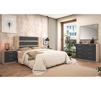 Meyvaser.com Ecommerce Company Set da letto completo - Testiera con gambe 160 cm + 2 comodini 3 cassetti + cassettiera 4 cassetti, colore cambria e nero, stile moderno