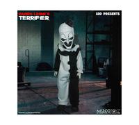 Mezco Terrifier - Living Dead Doll 26 cm Art The Clown Doll con nuova testa scolpita, pompon e volant costume bianco e nero, articolazione a 5 punti