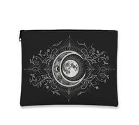 Mezzaluna in tela con cerniera, mistico bohémien floreale celestiale nessuno nero portatile con cerniera borsa per il trucco per viaggi, vanità, bagno, borsa per riporre oggetti e uso quotidiano, nero