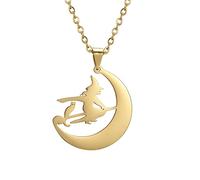 Mezzaluna luna magica strega scopa ciondolo gatto collana fascino stregoneria volante girocollo Halloween amuleto gioielli regalo ragazza, Gold, Medium