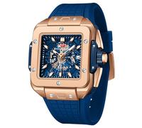 MF MINI FOCUS Orologio da polso da uomo, alla moda, quadrato, cronografo, impermeabile, luminoso, calendario, cinturino in silicone, orologio al quarzo per uomo, Blu_Dorato