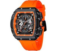 MF MINI FOCUS Tonneau - Orologio da polso da uomo, alla moda, cronografo, impermeabile, luminoso, calendario, cinturino in silicone, orologio al quarzo da uomo, Arancione_Nero, Cronografo, movimento