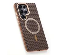 MFAOSHI Magnetica Custodia per Samsung Galaxy S25 Ultra/S25 Plus/S25, Sottile Antiskid Pelle Cover con Metallo Cornice Fotocamera Protezione Caso,Marrone,S25