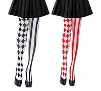 MFCGHXR collant donna bianchi e neri a tema circo + calze clown rosse e bianche 110cm + collant neri con stampa scheletro set 3 paia perfetti per costume carnevale halloween cosplay