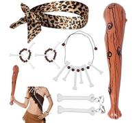 MFCGHXR Costume Cavernicolo Set Accessori con Bastone Gonfiabile, Fascia Leopardo, Collana e Orecchini di Osso, Braccialetti Osso, 6 Pezzi
