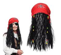 MFCGHXR Set 3 in 1 Pirata: Cappello con Trecce, Maschera per Occhi, Parrucca da Capitano con Bandana a Teschio (Nero)