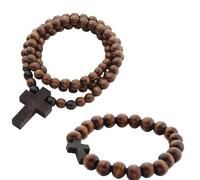 MFCGHXR Set collana e braccialetto con croce in legno, rosario in legno intagliato a mano con sacchetto di iuta naturale, comode perline per preghiera per meditazione, riflessione spirituale, viaggio