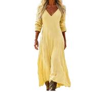 Mfhmom Abito Maxi da Donna in Misto Lino e Cotone - Design Vintage con Scollo a V e Maniche a 3/4 - Vestito Lungo Estivo Stile Bohemien Casual e Fresco per Spiaggia e Vacanze Taglie Forti