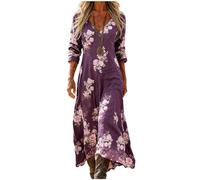 Mfhmom Abito Maxi da Donna in Misto Lino e Cotone - Design Vintage con Scollo a V e Maniche a 3/4 - Vestito Lungo Estivo Stile Bohemien Casual e Fresco per Spiaggia e Vacanze Taglie Forti