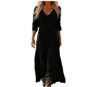 Mfhmom Abito Maxi da Donna in Misto Lino e Cotone - Design Vintage con Scollo a V e Maniche a 3/4 - Vestito Lungo Estivo Stile Bohemien Casual e Fresco per Spiaggia e Vacanze Taglie Forti
