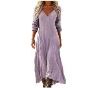 Mfhmom Abito Maxi da Donna in Misto Lino e Cotone - Design Vintage con Scollo a V e Maniche a 3/4 - Vestito Lungo Estivo Stile Bohemien Casual e Fresco per Spiaggia e Vacanze Taglie Forti