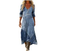 Mfhmom Abito Maxi da Donna in Misto Lino e Cotone - Design Vintage con Scollo a V e Maniche a 3/4 - Vestito Lungo Estivo Stile Bohemien Casual e Fresco per Spiaggia e Vacanze Taglie Forti
