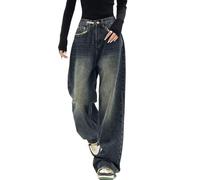 Mfhmom Baggy Jeans Donna y2k, Jeans Donna Larghi Gamba Larga Jeans Gotico Baggy Denim Pantaloni a Vita Alta Punk Sciolti Pantaloni Diritti Ragazza Streetwear (IT, Testo, XL, Regular, Regular, Blu)