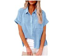 Mfhmom Camicia Donna Lino Cotone: a Manica Corta, Scollo a V, Arrotolabile, Elegante, Casual, con Bottoni, Tinta Unita, Taglia Grande, Primavera Estate, con Tasche sul Petto Camicetta