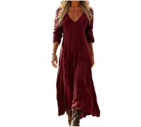 Mfhmom Vestito Lungo Donna Estivo Lino Cotone Manica 3/4 Scollo a V Stile Boho Hippie Vintage Abito Maxi Etnico Geometrico Caftano da Spiaggia Mare Casual Largo Taglie Forti Comodo Vacanza
