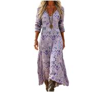 Mfhmom Vestito Lungo Donna Estivo Lino Cotone Manica 3/4 Scollo a V Stile Boho Hippie Vintage Abito Maxi Etnico Geometrico Caftano da Spiaggia Mare Casual Largo Taglie Forti Comodo Vacanza