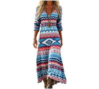 Mfhmom Vestito Lungo Donna Estivo Lino Cotone Manica 3/4 Scollo a V Stile Boho Hippie Vintage Abito Maxi Etnico Geometrico Caftano da Spiaggia Mare Casual Largo Taglie Forti Comodo Vacanza