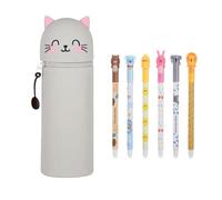 Mfqire Astuccio Kawaii Gatto 2 in 1 in Morbido Silicone, Portapenne Estensibile Verticale con 6 Penne Gel Cancellabili, Astuccio Scuola per Adolescenti,Bambini,Scuola,Ufficio