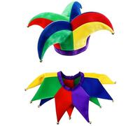 MFUOE Costume da giullare multicolore da giullare, 2 pezzi, cappello da giullare, cappello da pagliaccio, martedì grasso, collare per feste in maschera, Halloween, cosplay, sciocchi