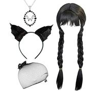 MFUOE Set di 4 accessori per costume da mercoledì, parrucca nera intrecciata, retina per capelli, cerchietto con orecchie da gatto, per Halloween, feste e cosplay