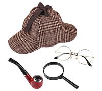MFUOE Set di 4 costumi da detective con cappello da cacciatore di cervi, tubo con lente d'ingrandimento, stile vittoriano, Sherlock Holmes, accessorio per travestimenti, Taglia unica