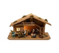 mgc24 Presepe da tavolo in legno con illuminazione a LED festiva | Gioco completo per presepe con stalla e figure dipinte a mano in resina, decorazione da tavolo per il periodo dell'Avvento