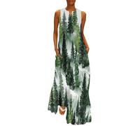 MGDIFYXAA Abiti Acquerello da Donna Estivi fluidi - Casual Maxi Abito Foresta di pini Senza Maniche Scollo a V Spiaggia Vacanze Prendisole con Tasche per Feste, Club XL