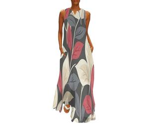 MGDIFYXAA Abiti Piante Eleganti da Donna Estivi fluidi - Casual Maxi Abito Foglie Senza Maniche Scollo a V Spiaggia Vacanze Prendisole con Tasche per Feste, Club M