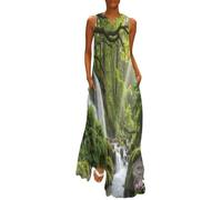 MGDIFYXAA Abito Lungo Estivo Stampa Paesaggio forestale Donna Scollo a V Vestito Donna Alberi per cascate Gonna Party Cocktail Clubwear Largo Senza Maniche Vestiti Eleganti L