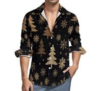 MGDIFYXAA Camicia Albero di Natale Dorato da Uomo a Maniche Lunghe, in Lino, con Colletto rovesciato, vestibilità Regolare Button-Down Formale Casual da Lavoro con Tasche,Nero 5XL