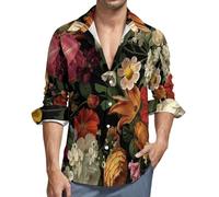 MGDIFYXAA Camicia Bellissimi Fiori Colorati da Uomo a Maniche Lunghe, in Lino, con Colletto rovesciato, vestibilità Regolare Button-Down Formale Casual da Lavoro con Tasche,Nero 4XL