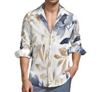 MGDIFYXAA Camicia da Uomo a Maniche Lunghe Lino - Camicie Foglie E Fiori Acquerellati Slim Fit Casual, Classiche Formal Camicia da Lavoro Oro E Blu Basic Abito Primavera Autunno Estate Shirt L