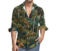 MGDIFYXAA Camicia da Uomo a Maniche Lunghe Lino - Camicie Foresta Incantata Slim Fit Casual, Classiche Formal Camicia da Lavoro Verde Basic Abito Primavera Autunno Estate Shirt L