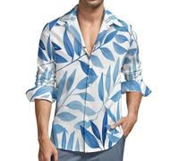 MGDIFYXAA Camicia da Uomo a Maniche Lunghe Lino - Camicie Pianta con Foglia Blu Ad Acquerello Slim Fit Casual, Classiche Formal Camicia da Lavoro Bianco Basic Abito Primavera Autunno Estate Shirt M