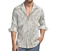 MGDIFYXAA Camicia da Uomo a Maniche Lunghe Lino - Camicie Piante Floreali Slim Fit Casual, Classiche Formal Camicia da Lavoro Grigio Chiaro Basic Abito Primavera Autunno Estate Shirt XXL