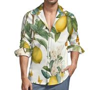 MGDIFYXAA Camicia Fiori di Limone da Uomo a Maniche Lunghe, in Lino, con Colletto rovesciato, vestibilità Regolare Button-Down Formale Casual da Lavoro con Tasche,Bianco S