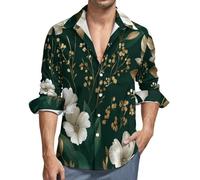MGDIFYXAA Camicia Fiori Verde Scuro da Uomo a Maniche Lunghe, in Lino, con Colletto rovesciato, vestibilità Regolare Button-Down Formale Casual da Lavoro con Tasche,Verde XXL