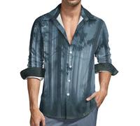 MGDIFYXAA Camicia Foresta di Pini a Maniche Lunghe da Uomo, Camicie Estiva Casual in Lino con Bottoni, Camicia da Uomo a Maniche Lunghe Leggera e Traspirante, Taglia Comoda, Blum