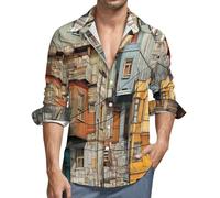 MGDIFYXAA Camicia Lino Arancia Uomo Manica Lunga Camicia Edificio Arancione Casual Estiva con Bottoni Slim Fit Hawaiana Maglietta da Spiaggia Comode Leggera Shirt Taglie Forti S