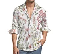 MGDIFYXAA Camicia Lino Bianco Uomo Manica Lunga Camicia Fiori Selvatici Rosa Vintage Casual Estiva con Bottoni Slim Fit Hawaiana Maglietta da Spiaggia Comode Leggera Shirt Taglie Forti 4XL