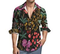MGDIFYXAA Camicia Lino Nero Uomo Manica Lunga Camicia Fiori Selvatici di Bacche Casual Estiva con Bottoni Slim Fit Hawaiana Maglietta da Spiaggia Comode Leggera Shirt Taglie Forti 7XL