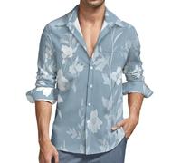 MGDIFYXAA Camicia Lino Piccoli Fiori Bianchi Uomo Manica Lunga Camicia Azzurro Casual Estiva con Bottoni Slim Fit Hawaiana Maglietta da Spiaggia Comode Leggera Shirt Taglie Forti L